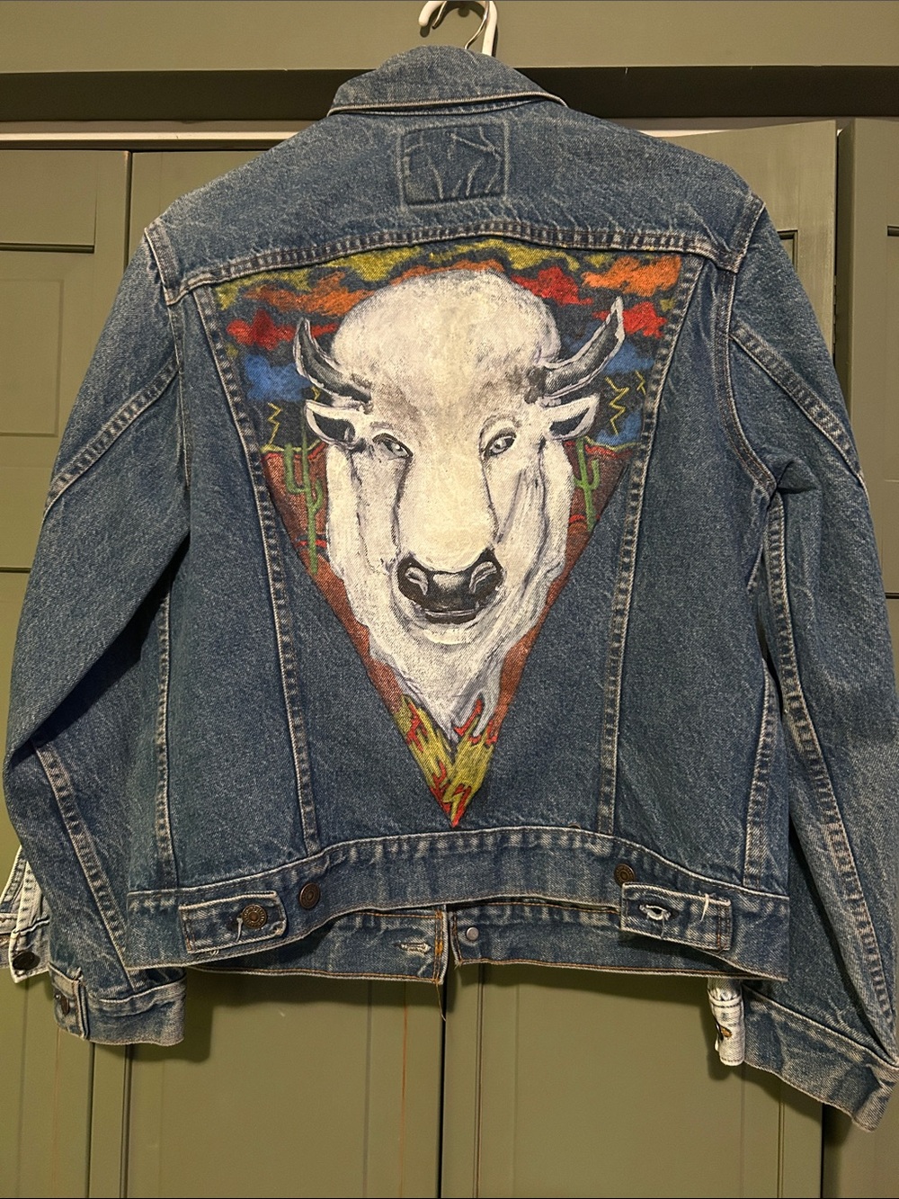 Levi's Denim Jacket with White Buffalo Hand-Painted Back